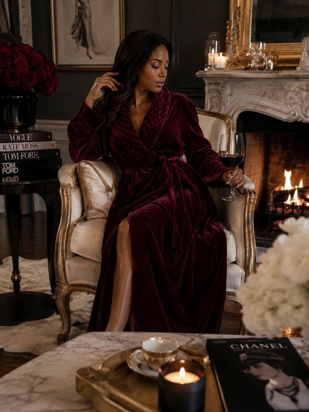Jasmine Rose Medium Burgundy Velvet Velour Long Robe Belted Shawl Collar